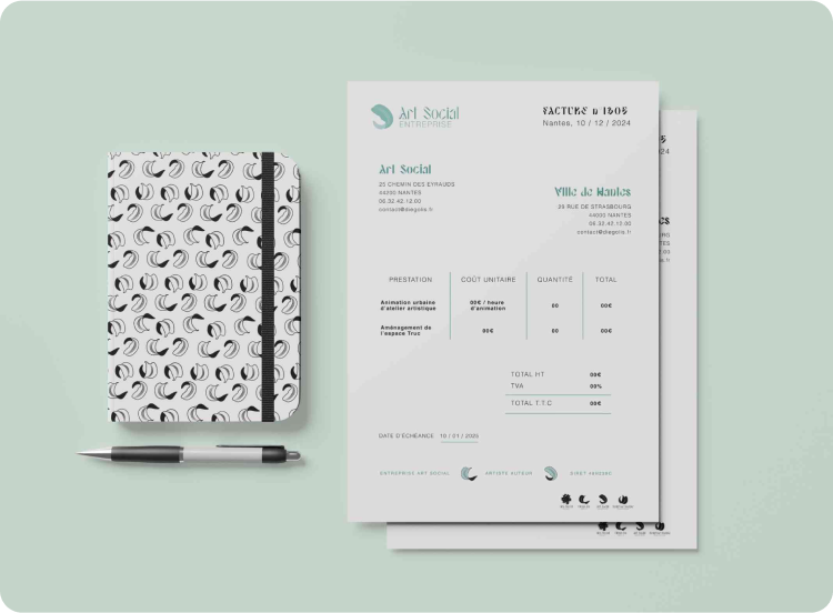 mise en scène de la charte graphique sur une facture et mise en scène du motif sur un carnet
