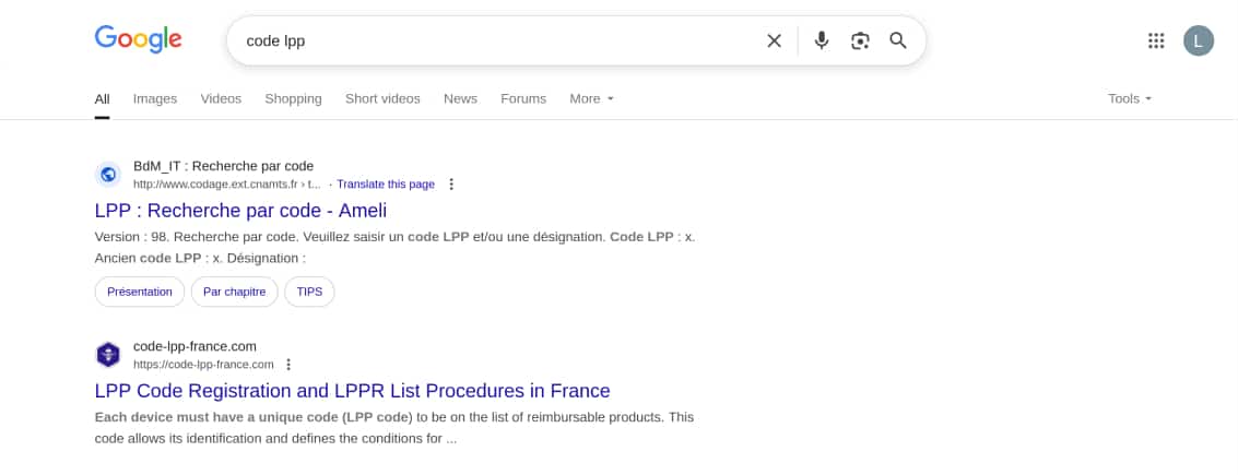 capture d'écran d'une recherche google avec les mots
                                code lpp ; le site Code LPP France arrive en deuxième position