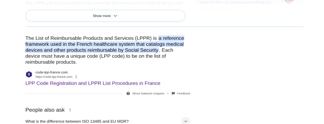 capture d'écran d'une recherche google dans laquelle
                                google met le contenu du site Code LPP France pour répondre à la question d'un utilisateur